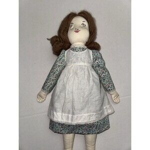 Vintage Primitive Folk Art Girl Cloth Doll Handcrafted Brown Yarn Hair